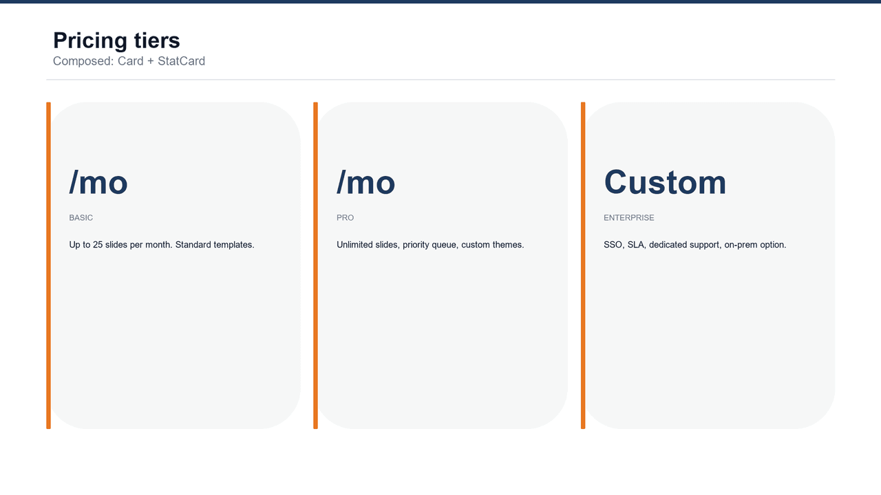 Composed pricing: three StatCards side by side in a Card block