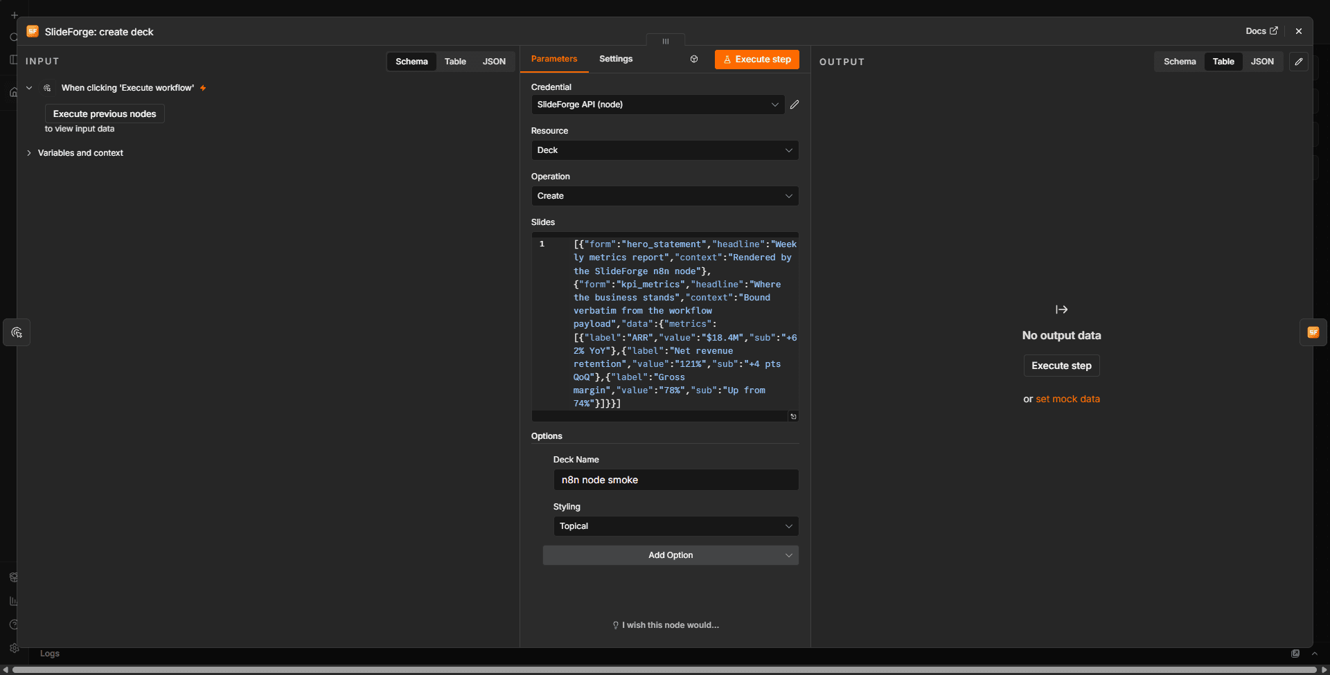 The SlideForge node in n8n configured with Resource Deck, Operation Create, a slides array and deck options
