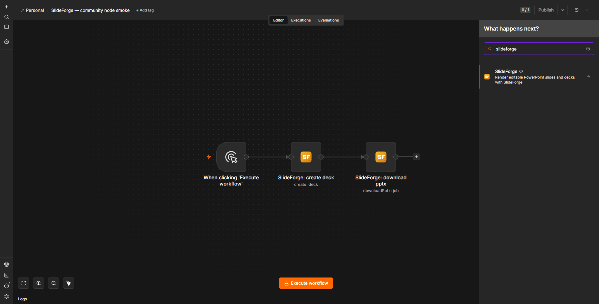 Searching for SlideForge in the n8n node panel shows the SlideForge PowerPoint node