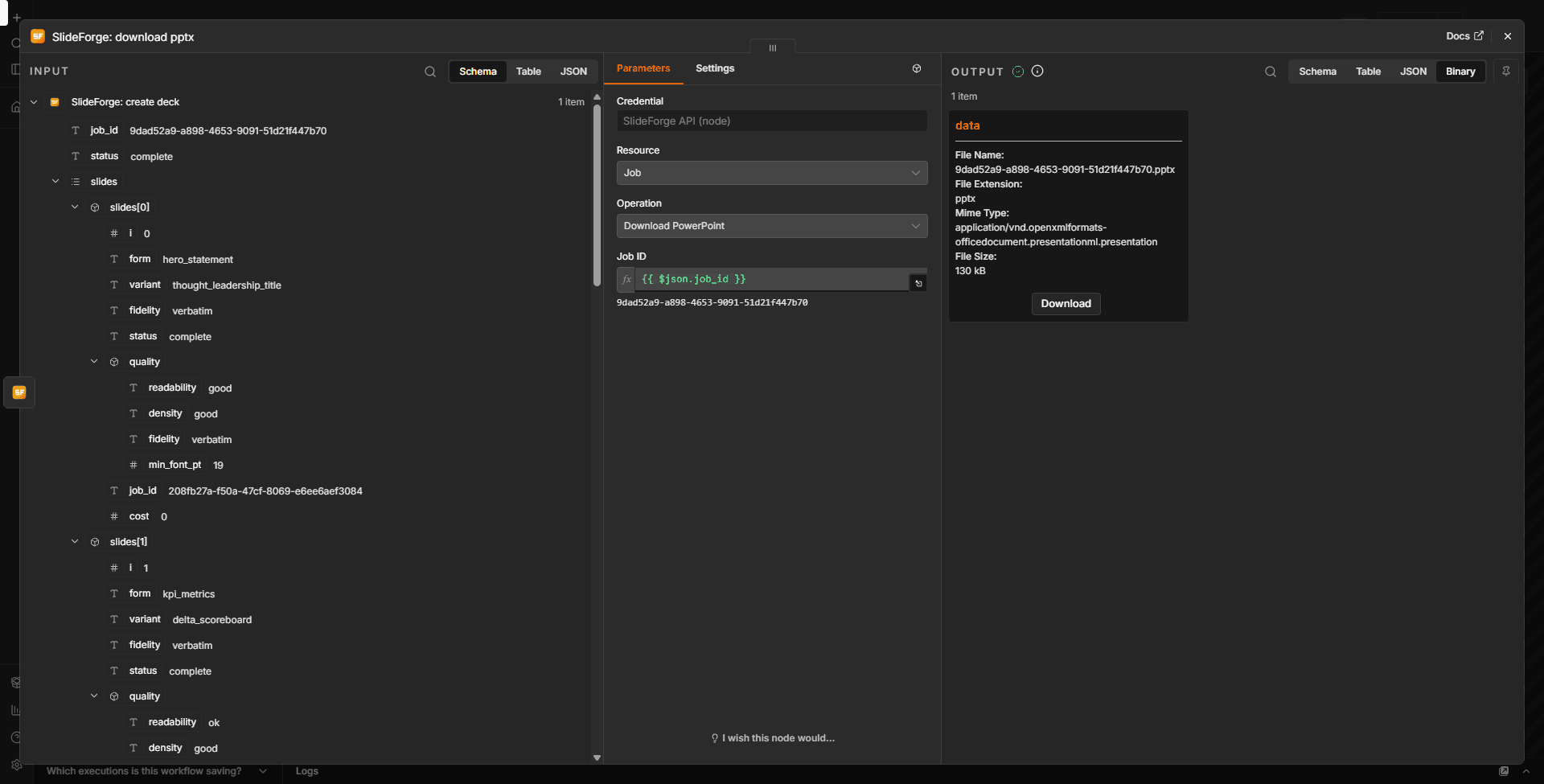 n8n showing the SlideForge fidelity report on the input side and the downloaded .pptx binary on the output side